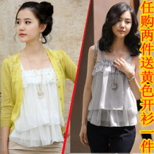 2012新款女装夏装大码韩版木耳边无袖中长款雪纺衫吊带背心打底衫