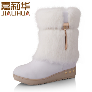  新款冬季女鞋 加厚绒里真皮雪地靴子 白色兔毛中筒靴毛毛靴661