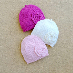外贸原单女童加绒手工钩花毛线帽冬季婴儿宝宝