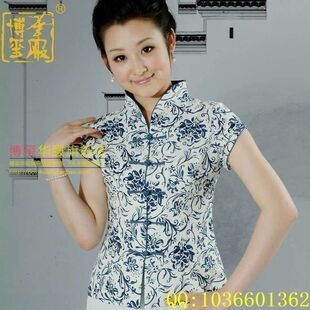  5折品牌唐装夏装女装中老年妈妈装青花瓷衬衫唐装短袖中式上衣女