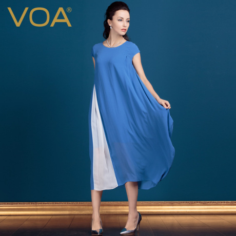 VOA真丝乔其拼接连衣裙 新款长裙海边沙滩裙桑蚕丝大摆裙女A0358商品大图