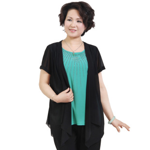  莎瑞品牌女装 中老年妈妈装 夏季新款 一朵花钻假两件短袖衫