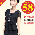 2012新款夏装 日单大码白色雪纺衫 短袖夏季收腰层次圆领雪纺上衣