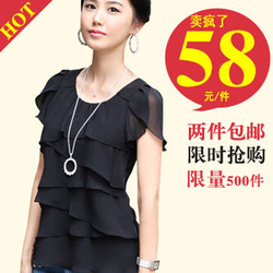 2012新款夏装 日单大码白色雪纺衫 短袖夏季收腰层次圆领雪纺上衣