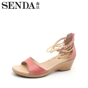  SENDA/森达羊皮4EB60D女凉鞋年夏季优雅粗跟  串珠中跟