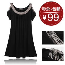 正品2012夏季新品手工订珠短袖加大码女装胖MM韩版宽松连衣裙包邮