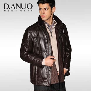  狄亚诺 男式进口獭兔毛领绵羊皮 男士真皮皮衣 男真皮羽绒服