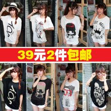 2012夏装 新款女装 韩版 蝙蝠袖 大码 宽松 圆领 印花 短袖T恤