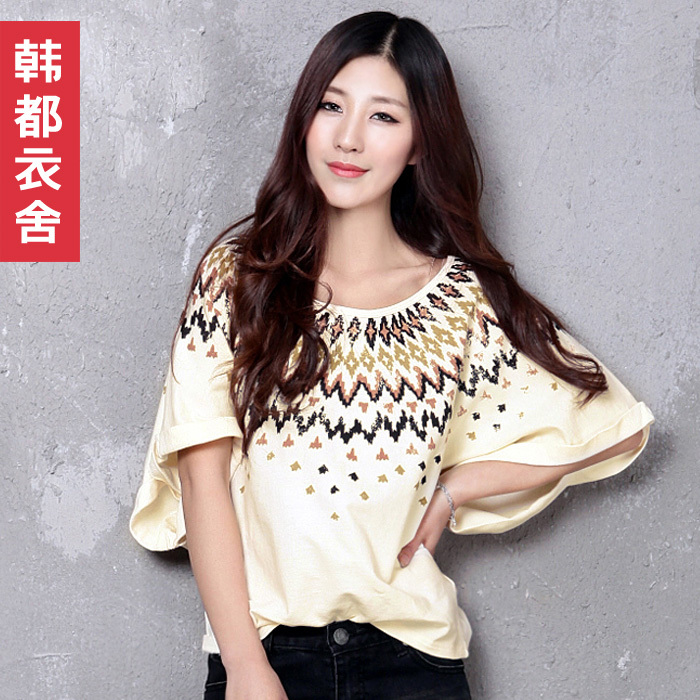 印花宽松蝙蝠袖T恤...