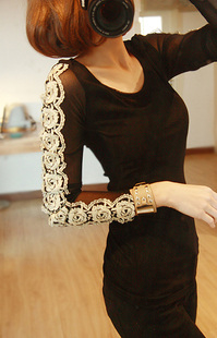  韩版新款秋冬春装女纱衣低领金丝刺绣长袖撞色雪纺上衣蕾丝打底衫