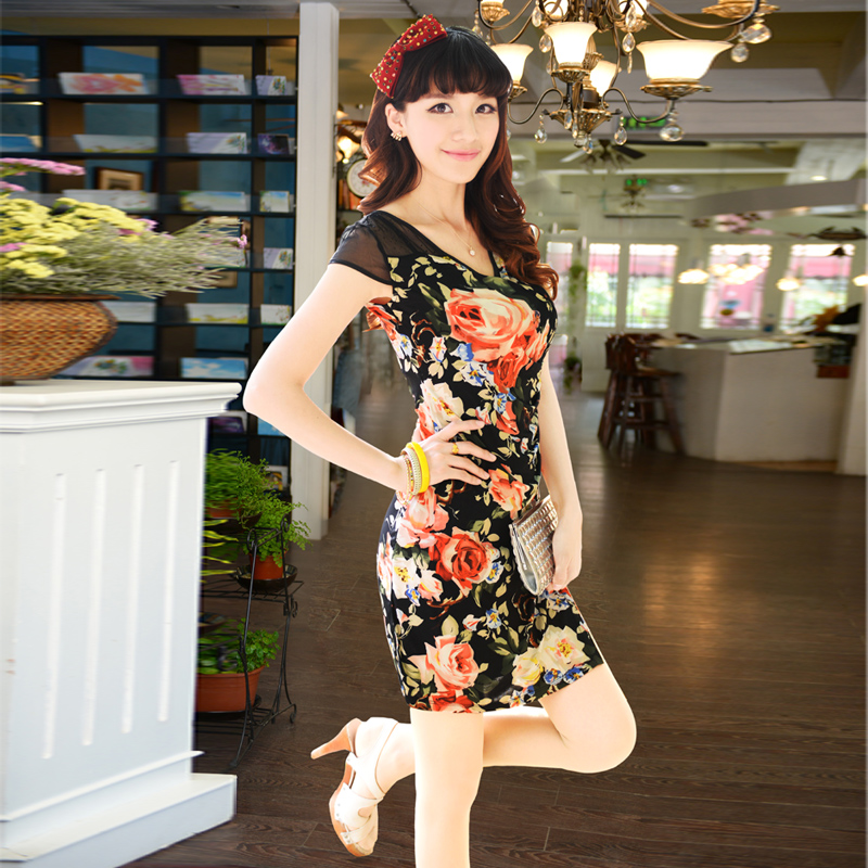 【天天特价】2014夏新款女装修身优雅气质印花包臀短袖旗袍连衣裙