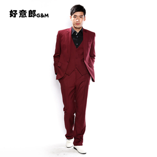  好意郎 新款男士休闲西装三件套韩版新郎结婚礼服酒红色西服套装