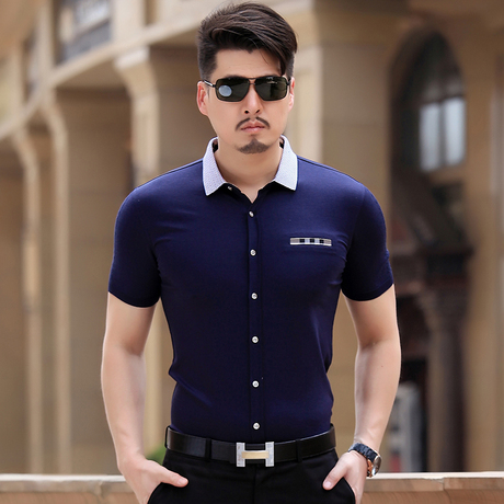 花花公子夏季男士短袖衬衫 潮修身衣服男装衬