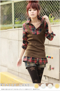 春装新款2012新品韩版女装修身时尚长款长袖假两件套女款格子<span class=H>衬衫</span>