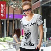 品悦2012新款夏装女装 韩版修身镶钻网纱圆领泡泡袖短袖T恤3323
