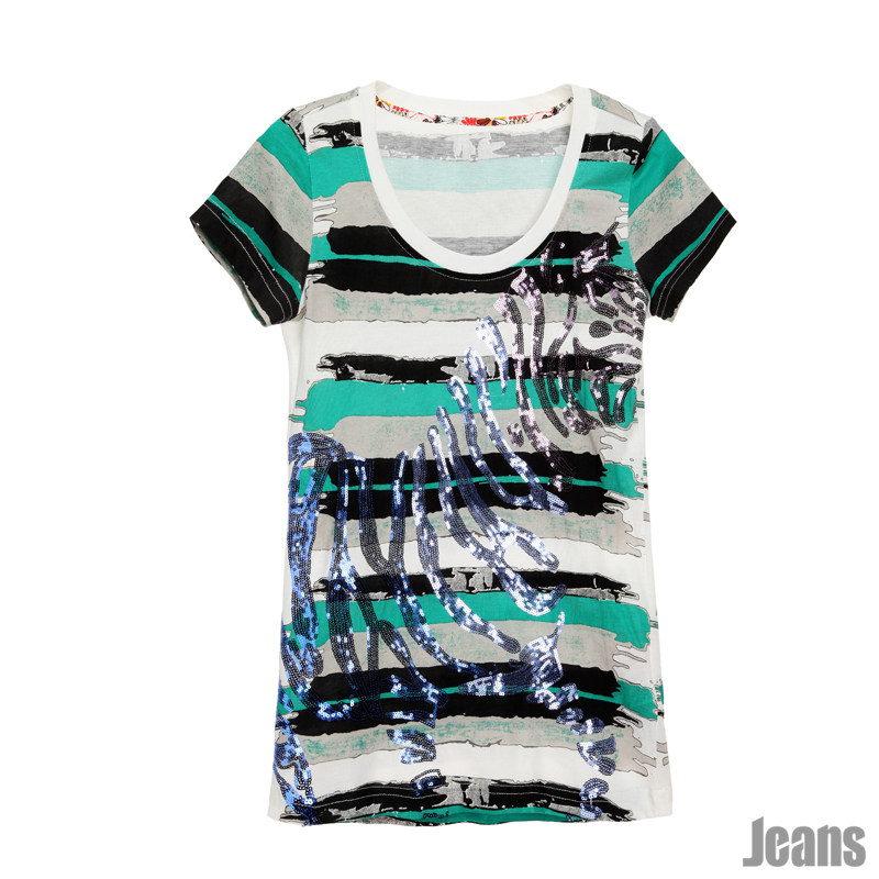 2012 正品太平鸟女装 <span class=H>JEANS</span> 春季新款斑马珠片印花T恤AM1210677