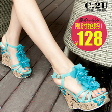 c2u正品 2012夏潮波西米亚坡跟凉鞋 花朵民族串珠高跟厚底女凉鞋
