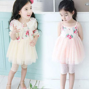  韩版童装玫瑰印花儿童吊带裙 蓬蓬纱裙 夏季连衣裙 演出服