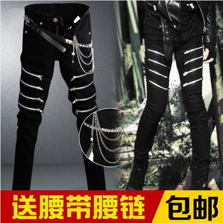 2014韩国经典款三拉链牛仔裤黑色长裤男裤子