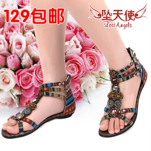  厂家直销坠天使波西米亚凉鞋平底民族风宝石串珠罗马平跟凉鞋女鞋