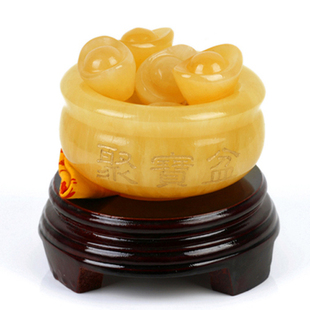  吉善缘 聚宝盆摆件 天然黄玉元宝摆设 招财摆件 风水家居饰品0780