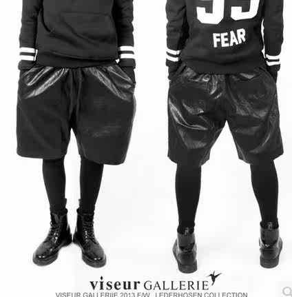 权志龙同款裤欧美走秀男皮<em>短裤打底</em>裤个性<em>皮裤</em>