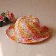 春夏外贸单手工(单手工，)编织橘，色系儿童草帽儿童遮阳帽儿童帽子