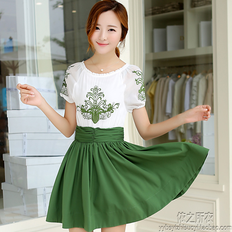 韩国2014夏季新款 女装短袖雪纺连衣裙 韩版修身刺绣女装高腰裙子