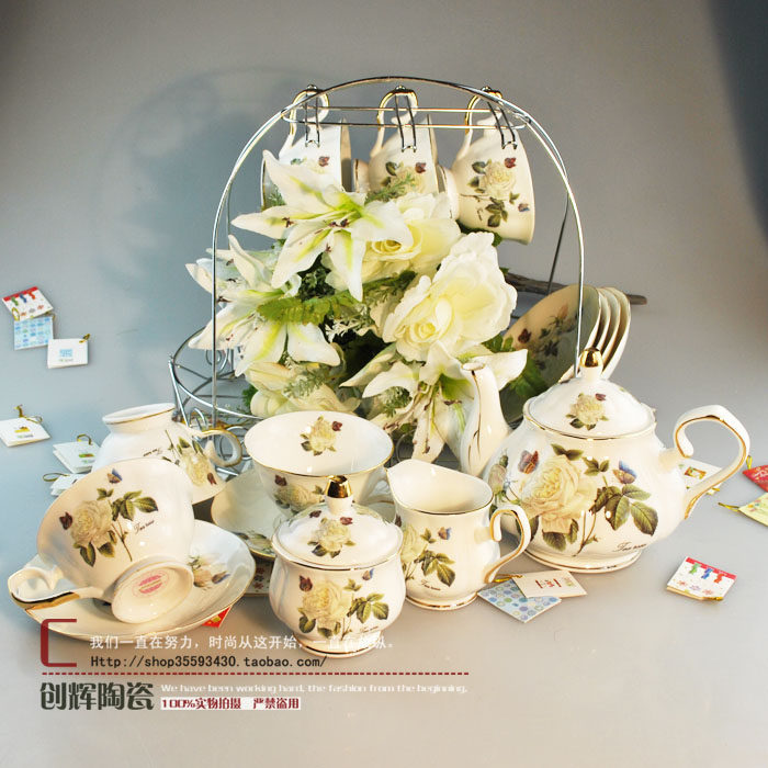 陶瓷15头咖啡具 欧式茶具 咖啡杯咖啡壶套装 送铁架【白玫瑰】