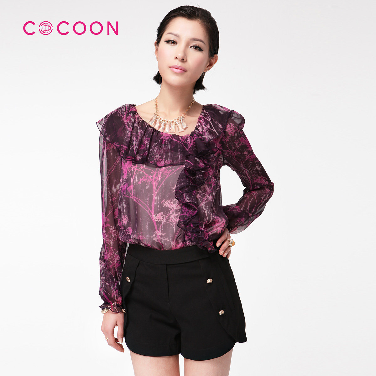 COCOON可可尼2012新品荷叶边泡泡袖仿真丝上衣213005001原价1188