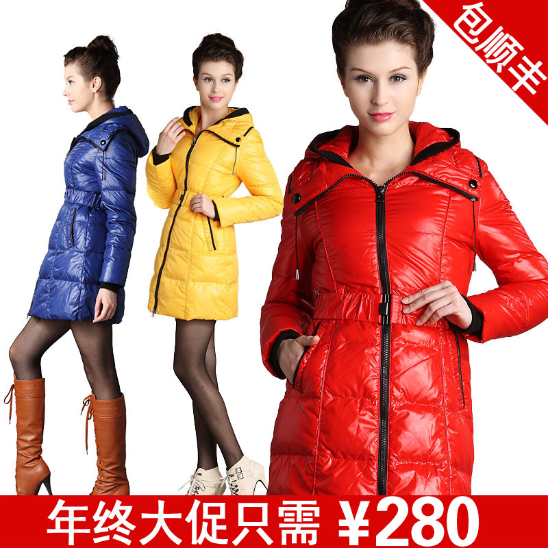 北极绒冬装新款韩版修身女式中长款保暖厚羽绒服外套腰带设计1051