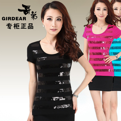 哥弟女装专柜正品2014夏装季新款 圆领亮片修身韩版大码短袖女T恤