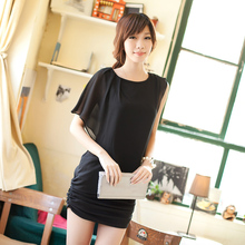 2012夏装新款女装韩版OL圆领拼接荷叶袖提臀摺叠下摆修身连衣裙