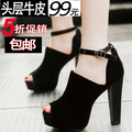 紫郁2012夏新款女鞋真皮ol高跟鞋欧美防水台系带粗跟鱼嘴鞋凉鞋子