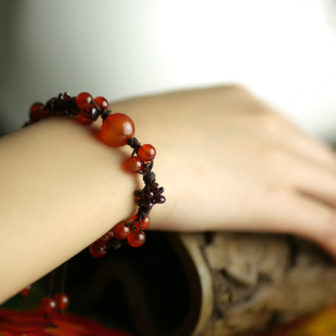  民族风天然红玛瑙石榴石桃花运手链情侣礼物红袖添香包邮抢