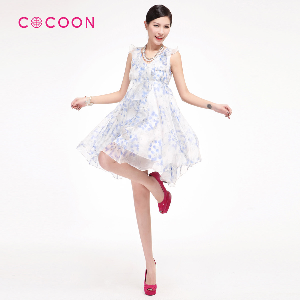 COCOON2012新品V领真丝荷叶边A字裙无袖连衣裙212102035原价1898