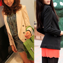 2012春装新款女装 韩版气质米色双排扣修身小西服外套西装