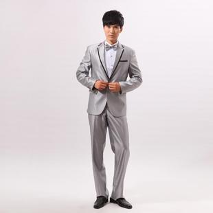  韩版时尚休闲男式精品礼服套装西服结婚修身浅灰色银色男装