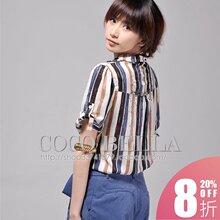 可可贝拉  2012春季韩版烫钻彩色条纹休闲衬衫衬衣HT102