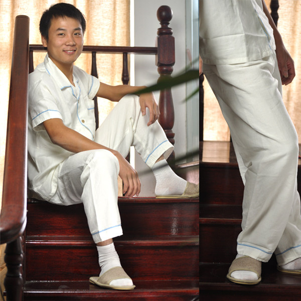 新品体验 高档纯亚麻家居服 男士<em>睡衣</em>套装 白色