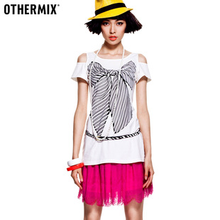  OTHERMIX夏季新款女士大蝴蝶结修身白色露肩短袖T恤12A20169