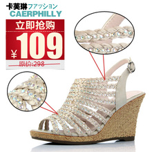 109元卡芙琳正品新款女鞋绸缎镶钻编绳罗马坡跟凉鞋CL6172-11