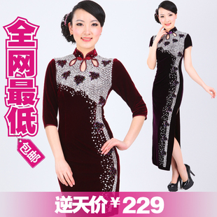  新款中长袖高档时尚金丝绒旗袍/中老年妈妈长款复古旗袍/晚装礼服