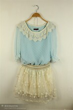 2012春装新款甜美芭比蕾丝荷叶波浪花边立体点点雪纺衫中袖蕾丝衫
