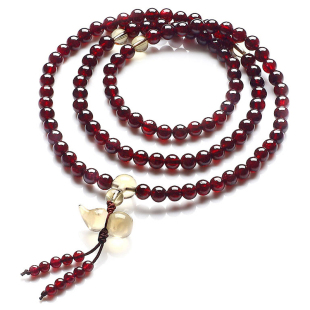  民族风酒红石榴石手链 天然水晶饰品 女 多层 108颗佛珠 美容养颜