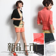 2012春夏新款百搭拼接雪纺纯色针织开衫女四色入Z0095