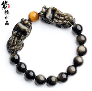  紫腾水晶 天然水晶金耀石 黑曜石 貔貅手链 男士手链饰品霸气避邪
