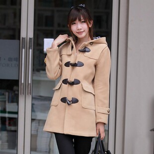  玉琳梦新款冬装女连帽牛角扣大衣呢子大衣女修身毛呢大衣外套
