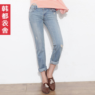  韩都衣舍折扣店韩国正品牌女式牛仔长裤夏季新品浅色磨破裤子