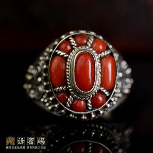 尼泊尔925银手工镶嵌宝石珊瑚戒指指环首饰饰品配饰